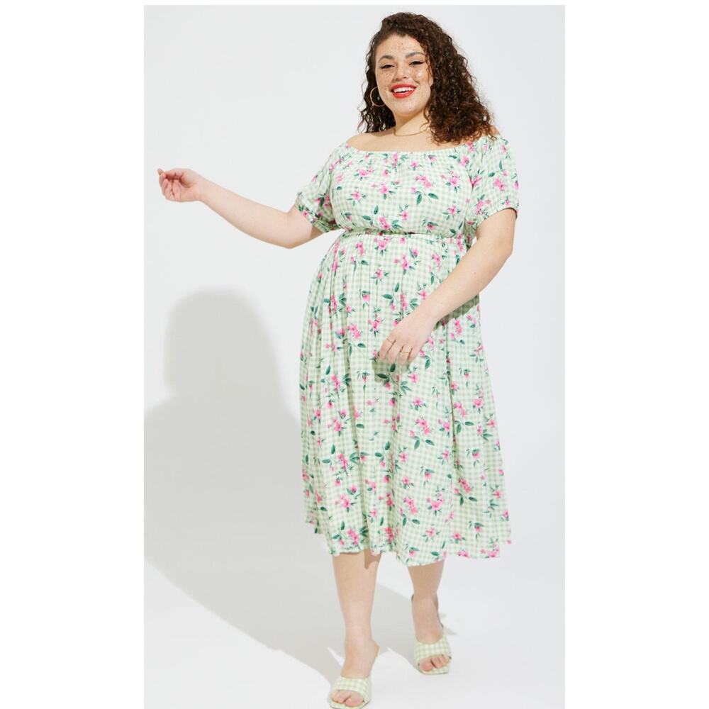 Torrid Retro Chic Midi Puff Sleeve Skater Dress Womens Large Floral Green Pink